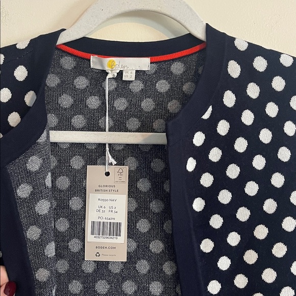 Boden Cleo Jacquard Knitted Cardigan Navy White Polka Dot 2 Twee NWT Retro Open - Picture 2 of 5